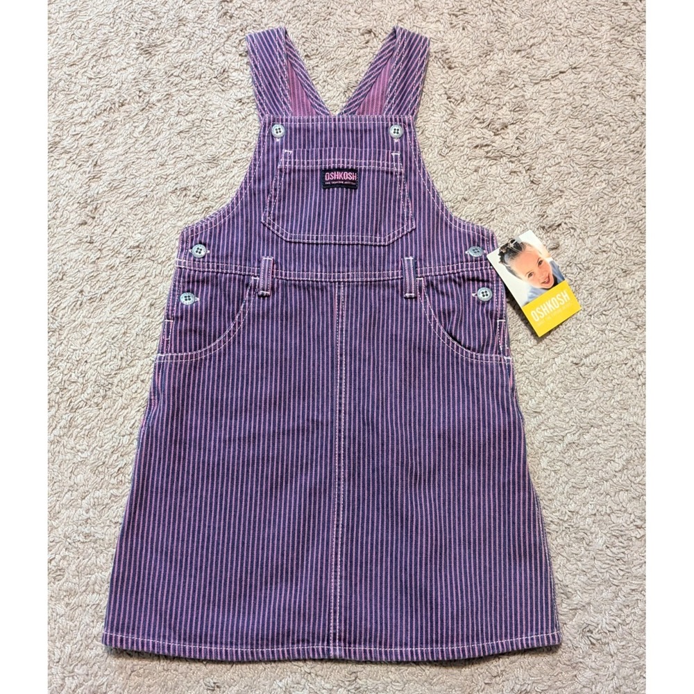 Vtg OshKosh Bgosh Vestbak Overall Dress Girls Sz 5 Purple Blue Striped Cotton